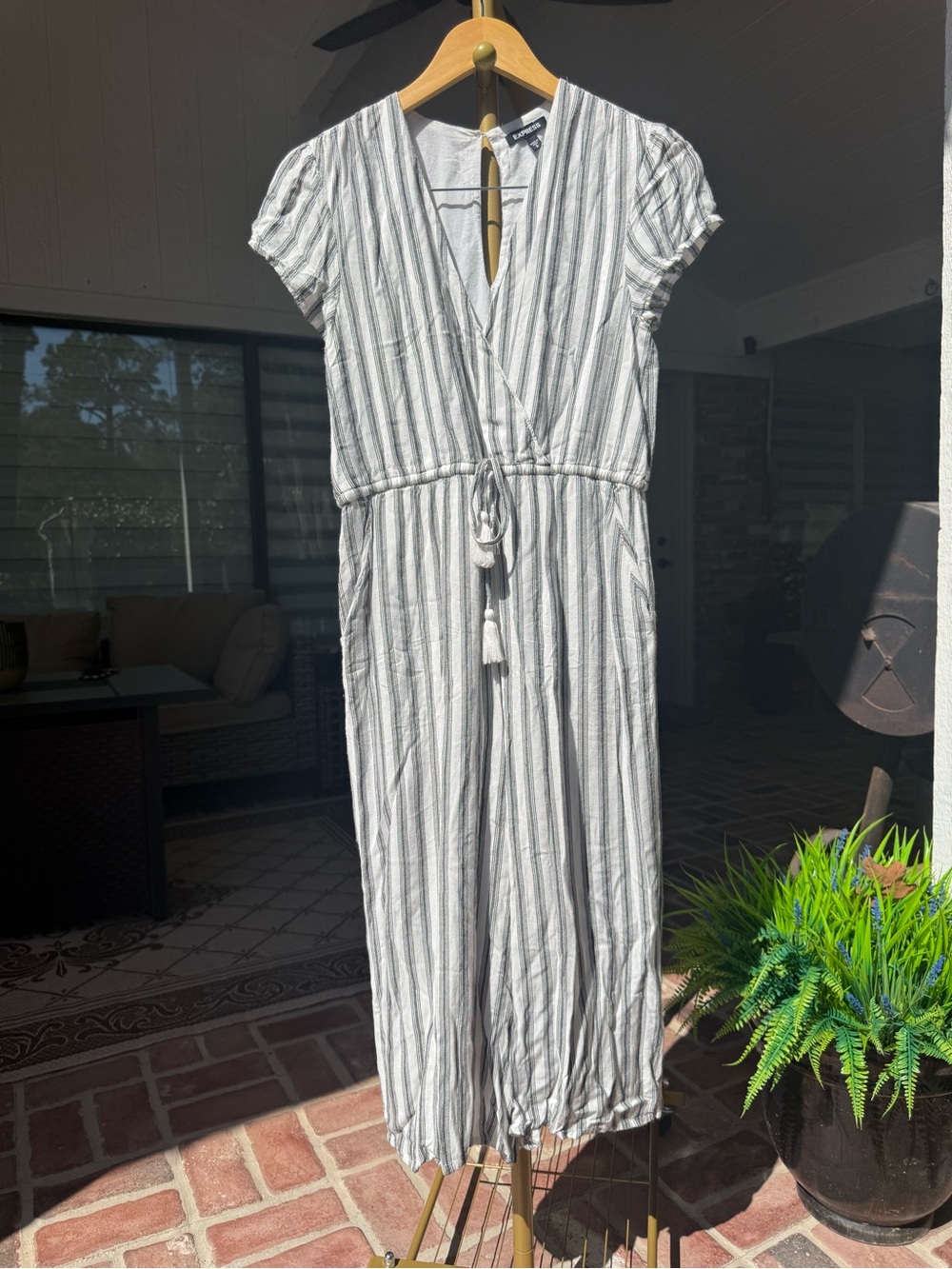 Express White and Black Striped Jumpsuit with Tie Waist Small